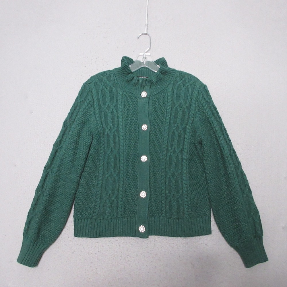 Talbots Cardigan Green Cable Knit Ruffle Rhinestone Sweater Fisherman Holiday